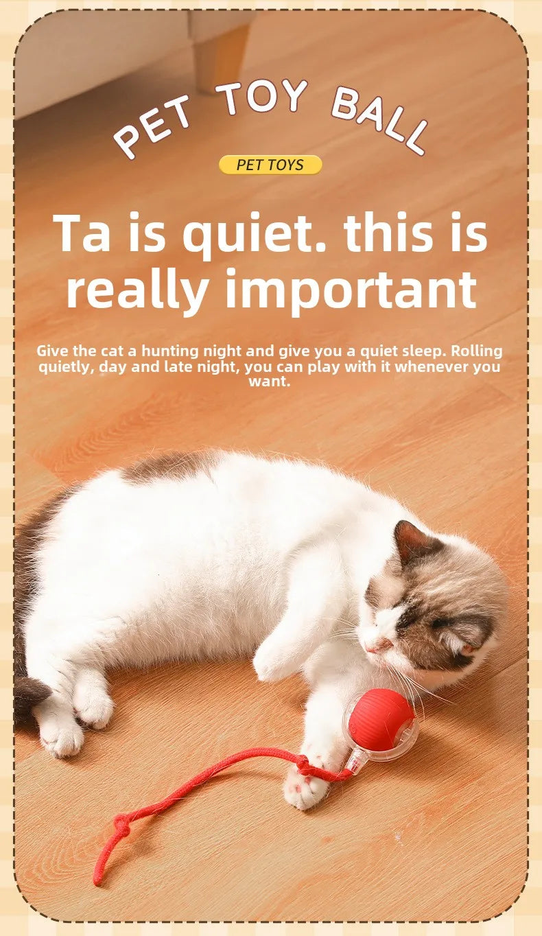 Cat playing with a red toy ball on a wooden floor, with promotional text about the product.