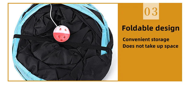 Foldable storage bag with a pink ball inside, labeled as 'Foldable design' and 'Convenient storage'.