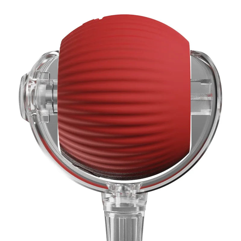 Red rubber bung on a clear plastic stand against a white background