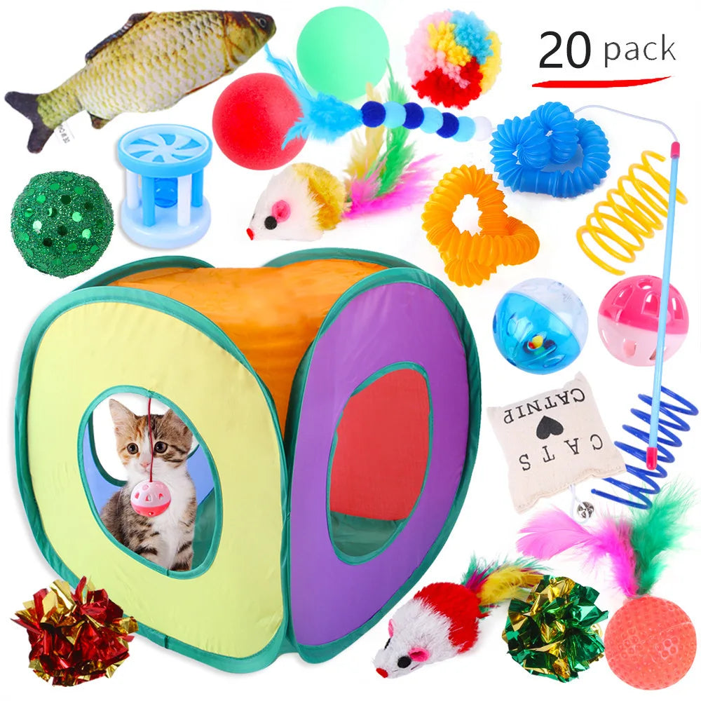 Assorted cat toys including a tunnel, fish, balls, and feathers with a '20 pack' label.