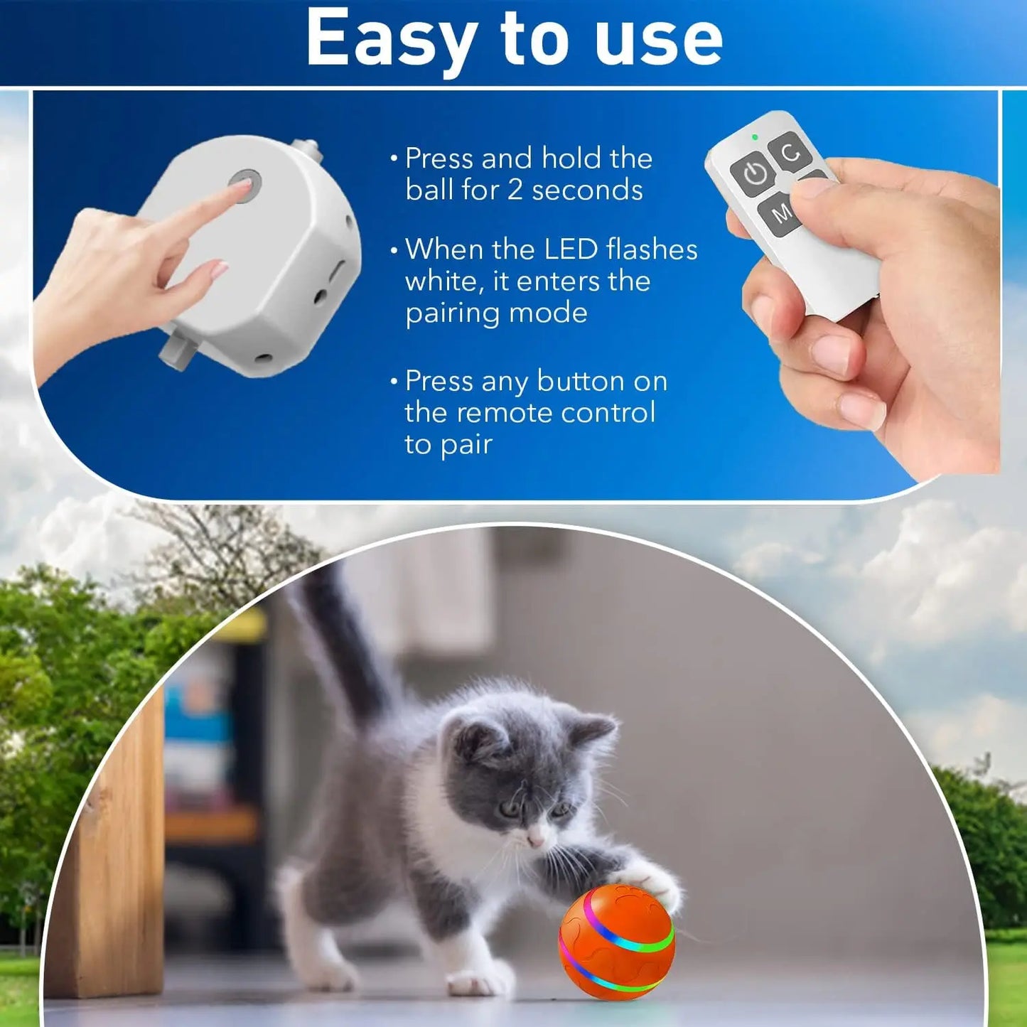 Remote control and ball with instructions for pairing, shown with a cat playing with the ball.