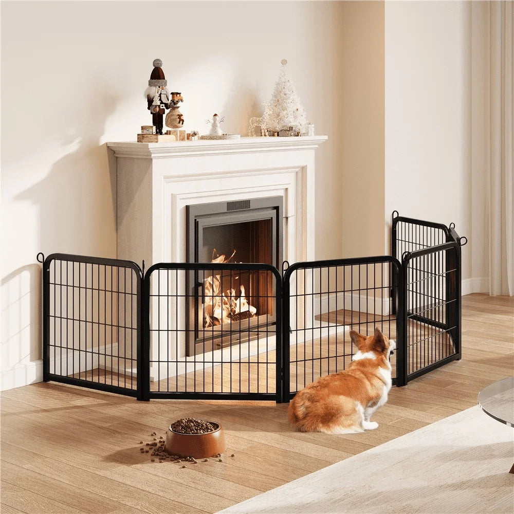 Dog standing next to a fireplace with a metal pet gate
