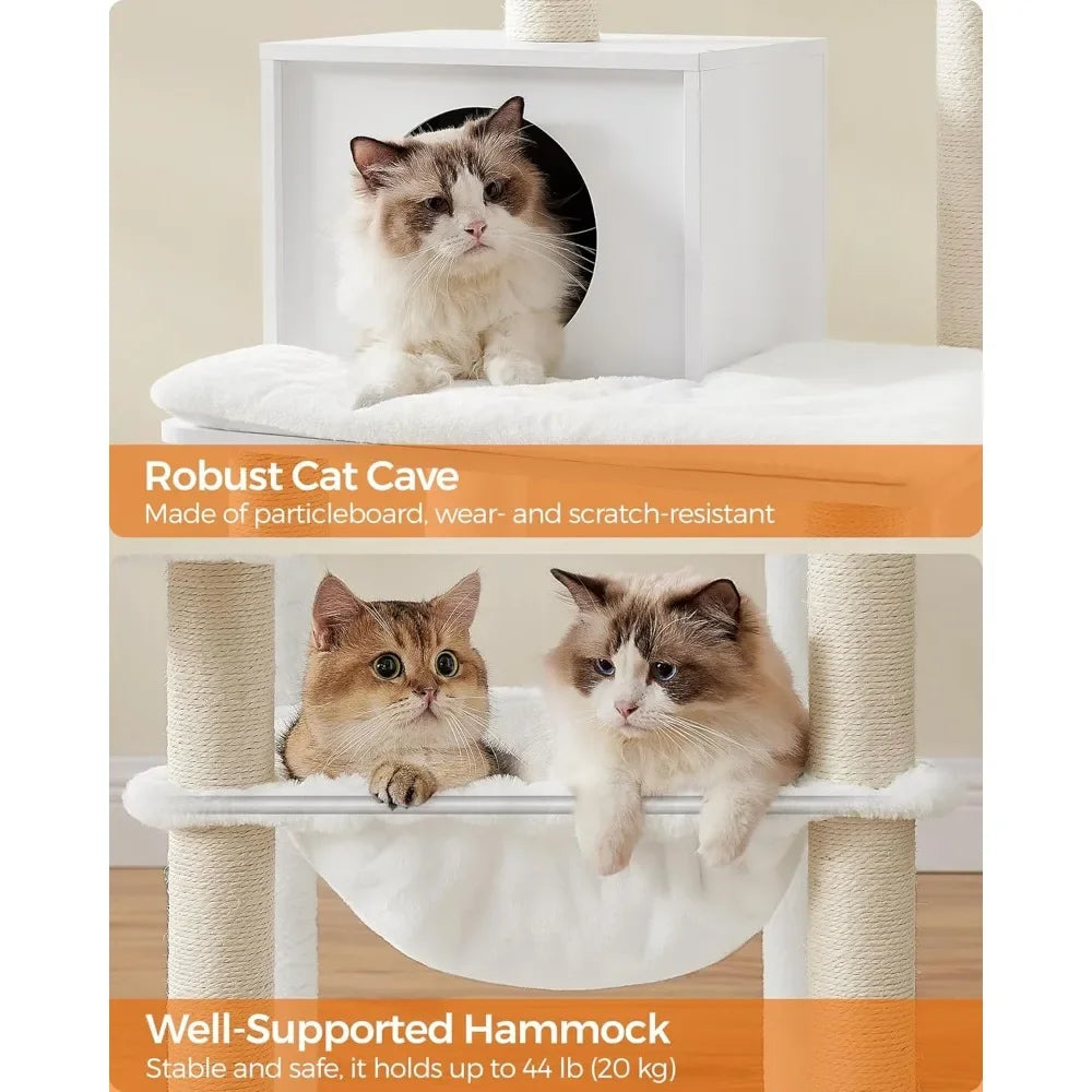 Cat cave with cats inside, featuring text about its robustness and support.