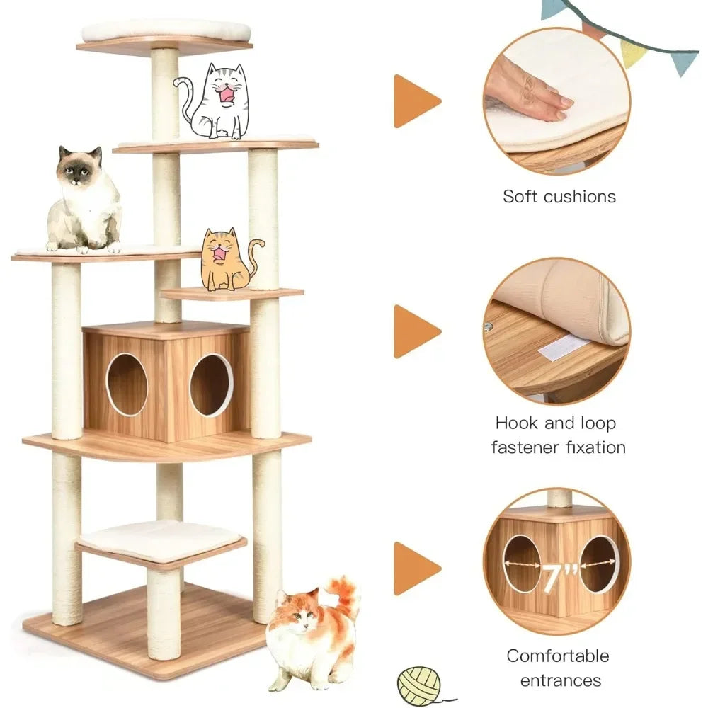 Cat tree with soft cushions, hook and loop fastener fixation, and comfortable entrances, featuring a cat sitting on top.