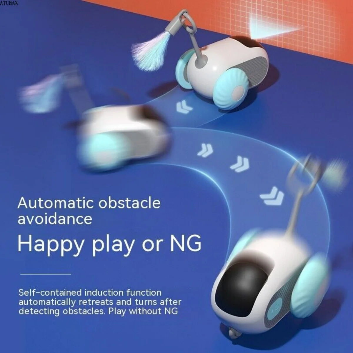Robotic toy with automatic obstacle avoidance feature on a blue background