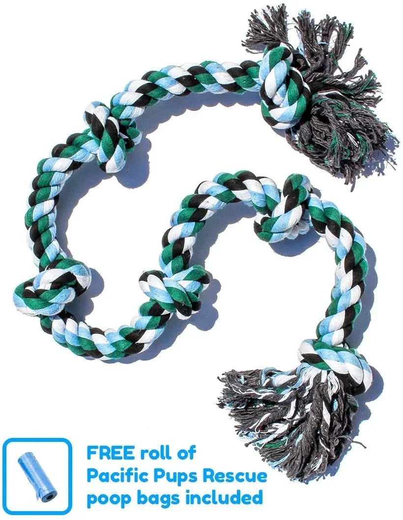 Dog toy with braided design and tassels on a white background, featuring a promotional message about free poop bags.
