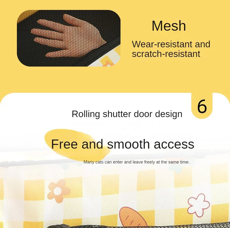 Cat door with mesh design, text highlighting features on a yellow background