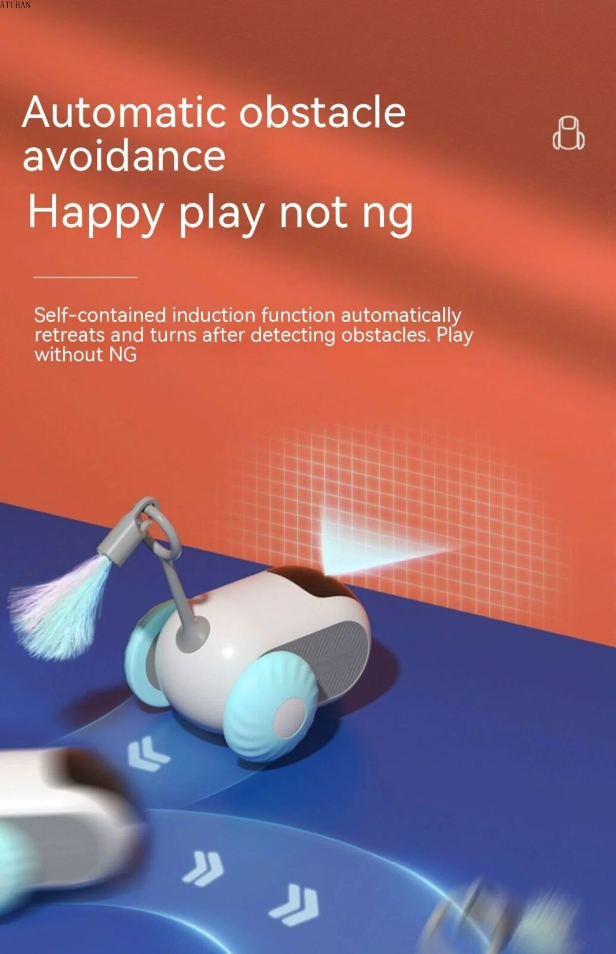Robotic device with text about automatic obstacle avoidance on a blue and orange background