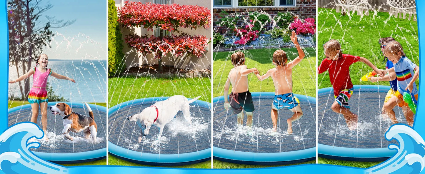 Collage of a sprinkler pad with children and pets playing in various settings.