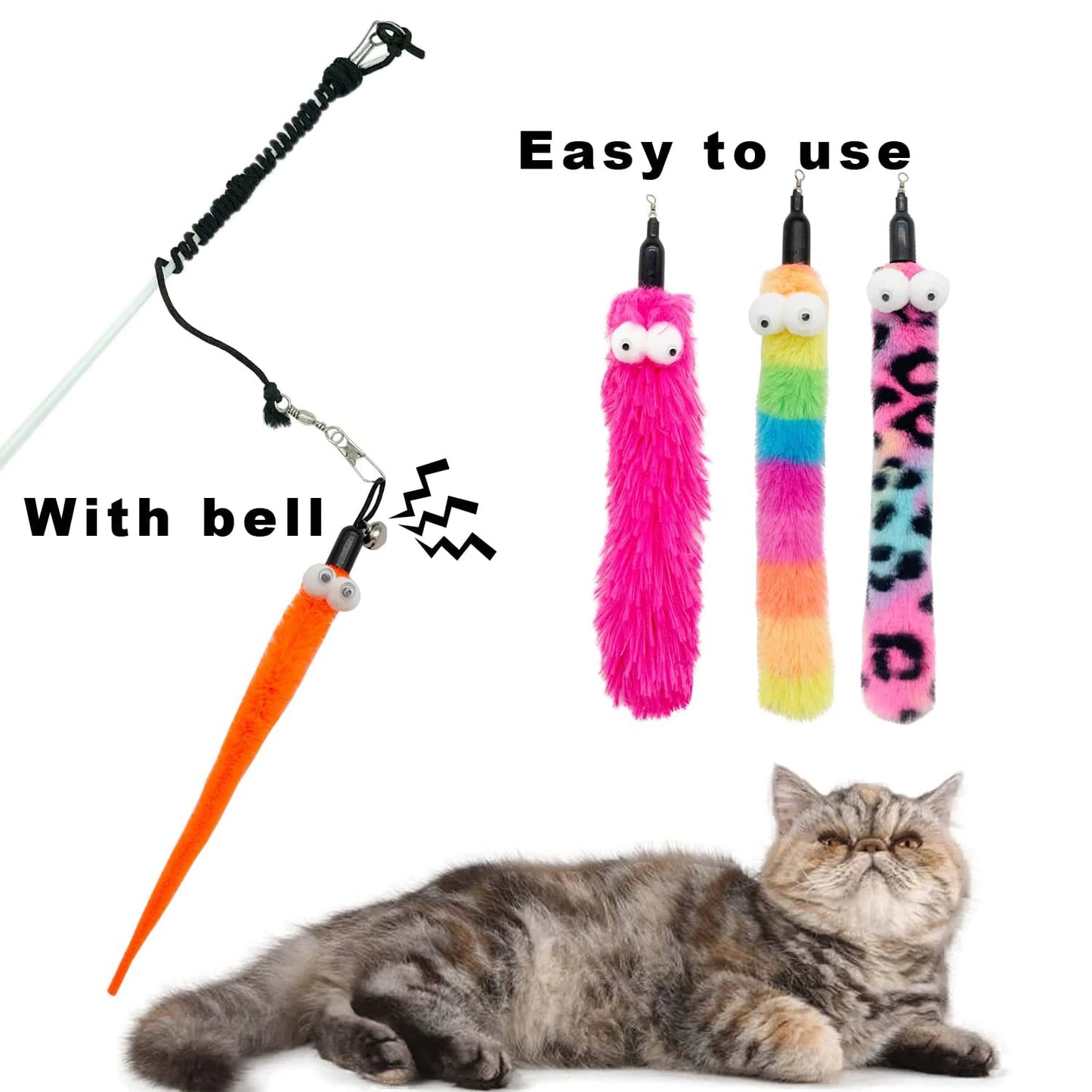 Cat toys with a bell and colorful designs, including a cat lying down.