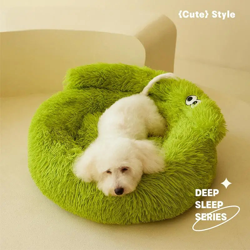 Green fluffy pet bed with a white dog inside on a beige couch, labeled 'Cute Style' and 'Deep Sleep Series'.