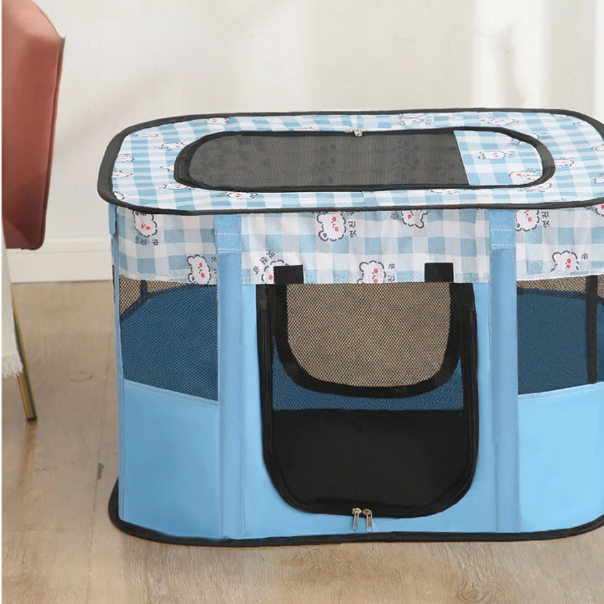 Blue pet carrier with checkered top on a wooden floor