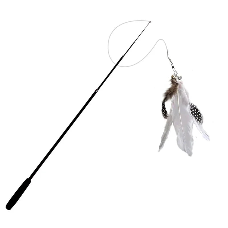Cat toy with a black handle and feather attachments on a white background