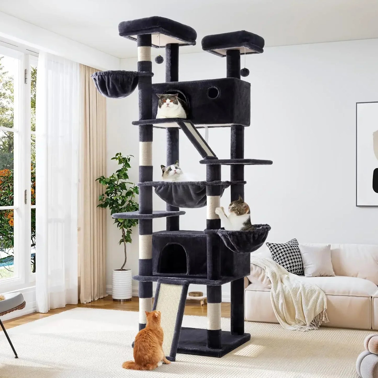 Cat tree with multiple levels and perches in a living room setting.