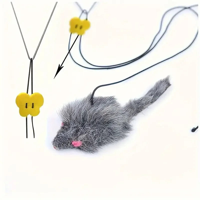 Cat toy resembling a gray mouse with a yellow butterfly attachment on a white background
