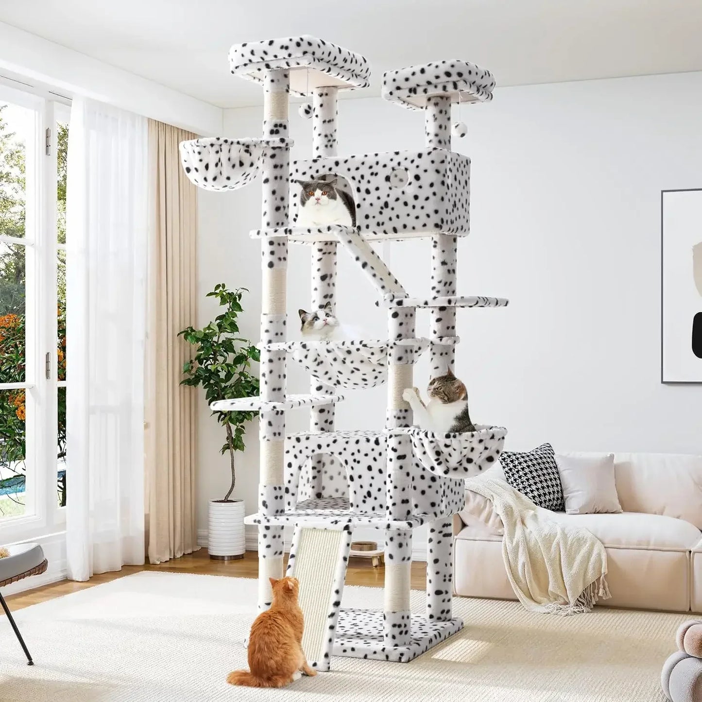 Cat tree with multiple levels and perches in a living room setting.