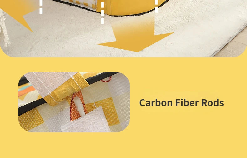 Carbon fiber rods with a yellow background and text overlay