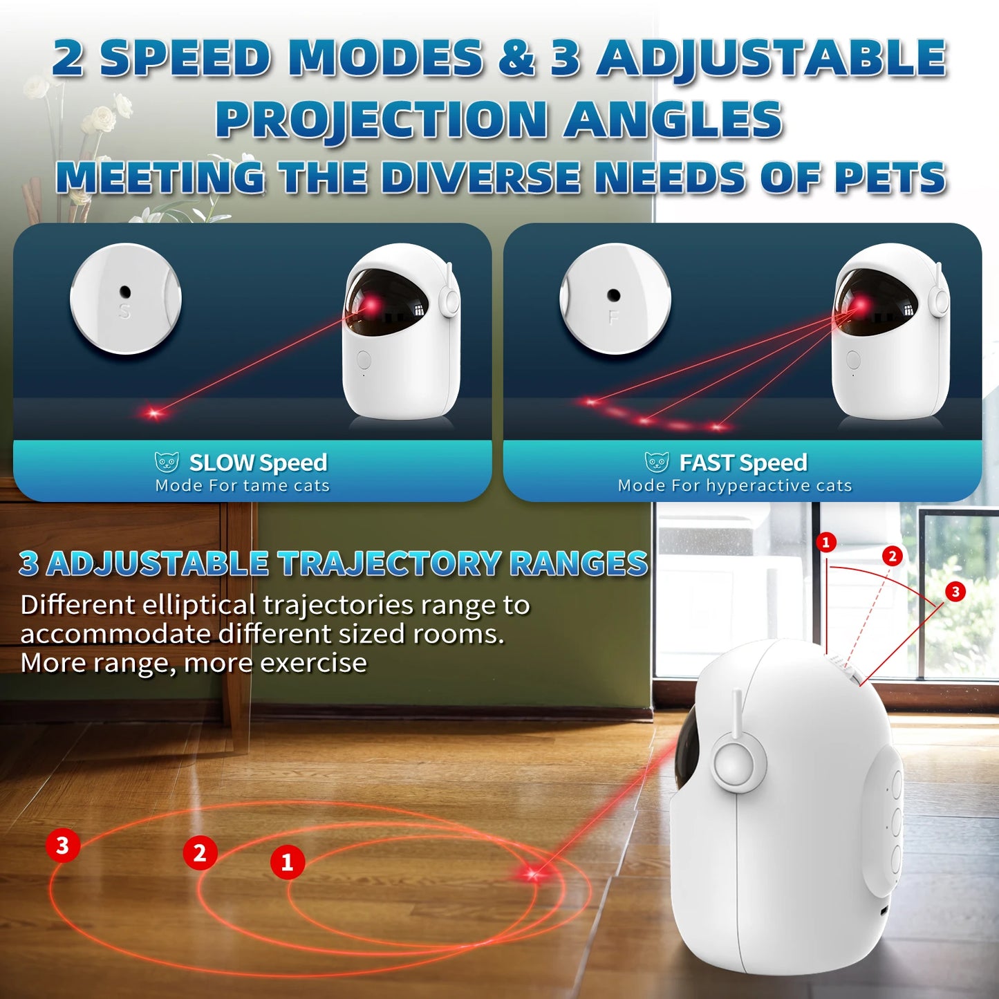 Pet toy with laser pointer and adjustable settings for different pet needs.