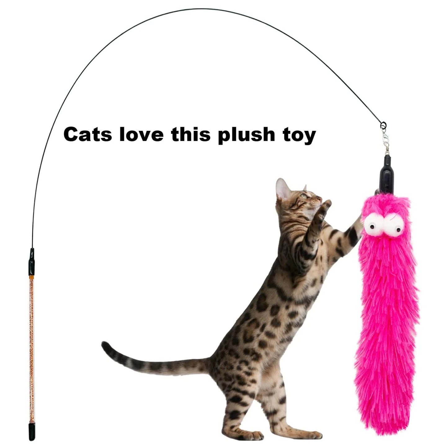 Cat playing with a pink plush toy on a black wand, with text 'Cats love this plush toy'.