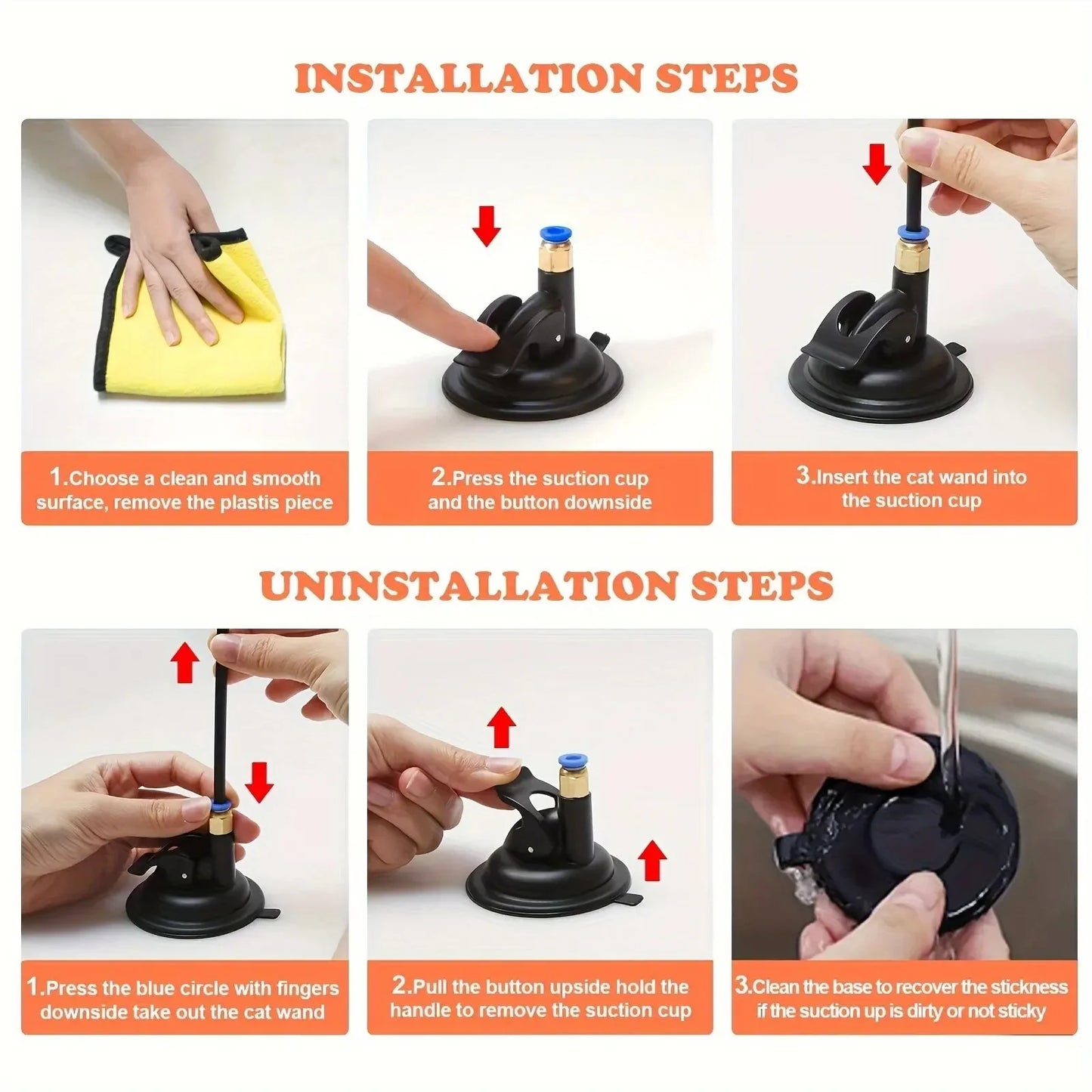 Step-by-step guide on how to use a suction cup with text labels for installation and uninstallation.