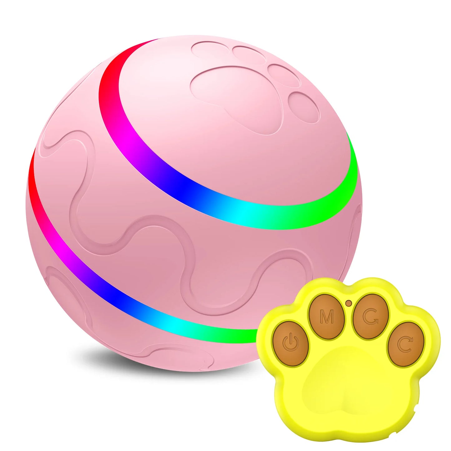Pink ball with colorful light strip and yellow paw-shaped device on a white background