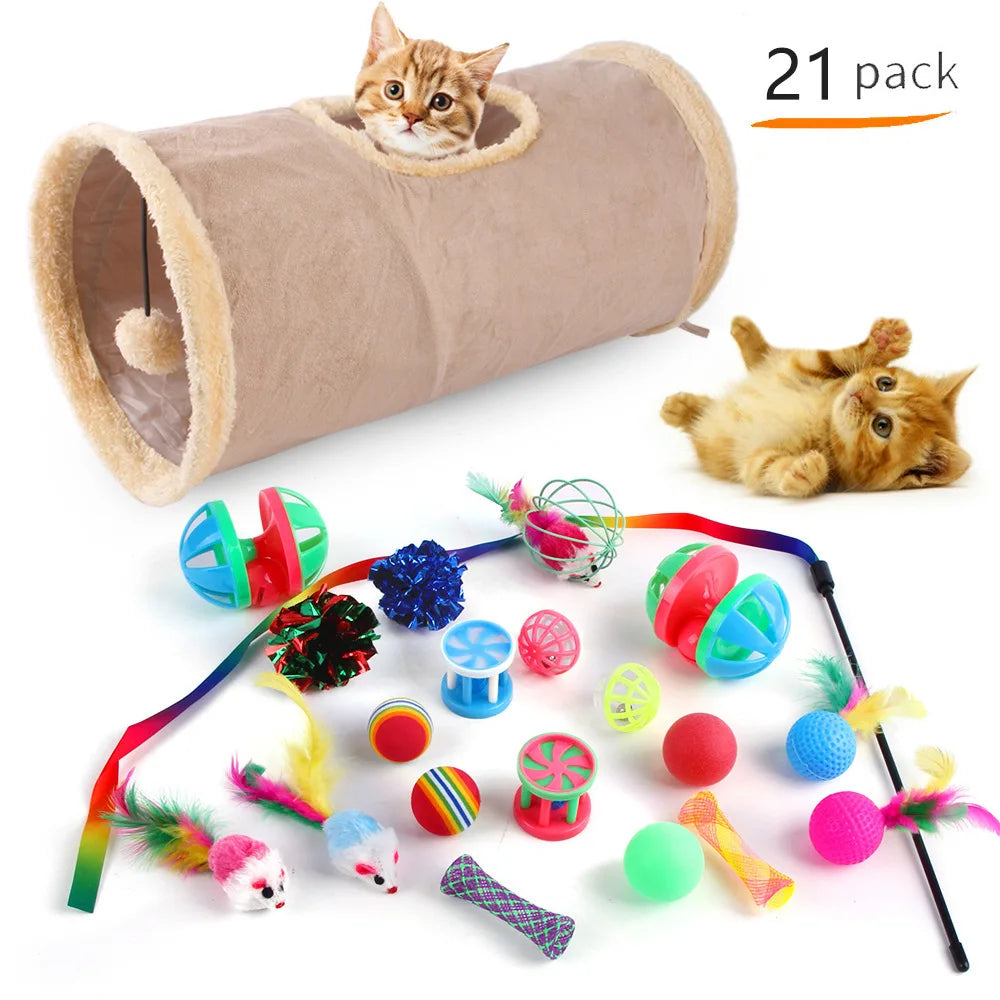 Cat tunnel with a cat peeking out and various cat toys on a white background