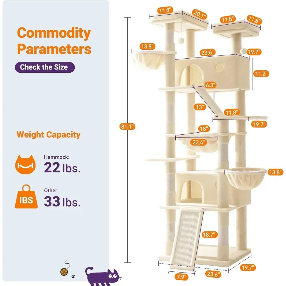 Cat tree with dimensions and weight capacity information on a white background