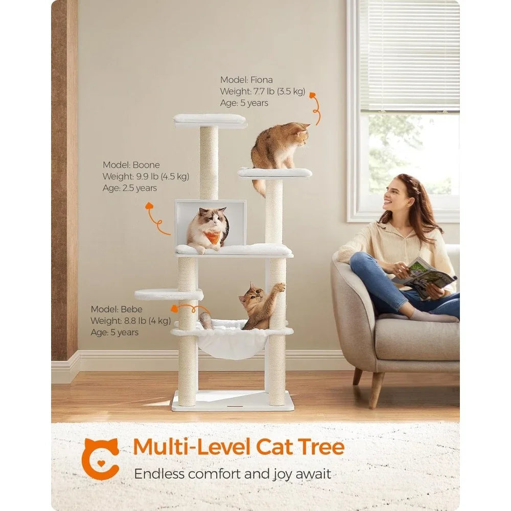 Multi-level cat tree with cats on each level and a woman reading a book in the background.