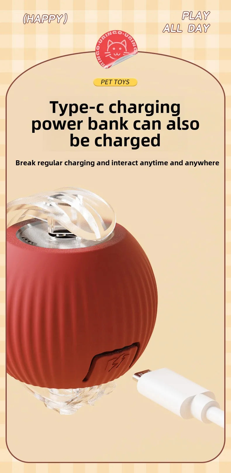 Red power bank with USB cable on a beige background, featuring text about charging capabilities.