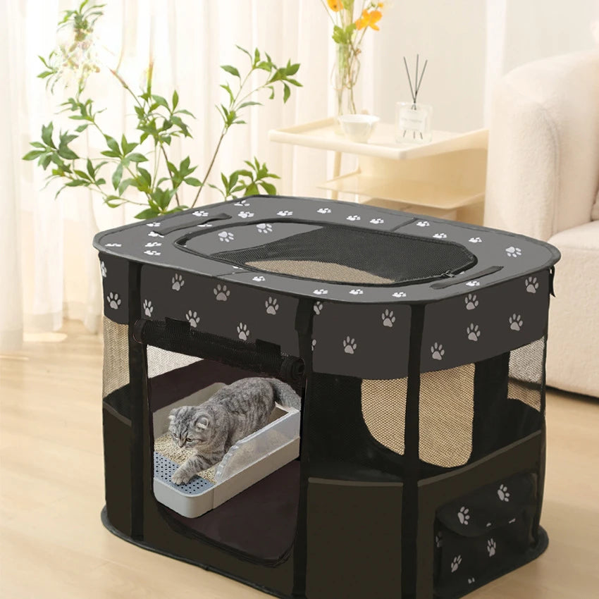 Pet playpen with a cat inside in a living room setting