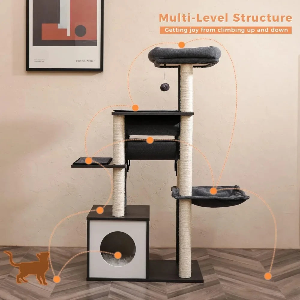 Cat tree with multiple levels and platforms on a wooden floor.