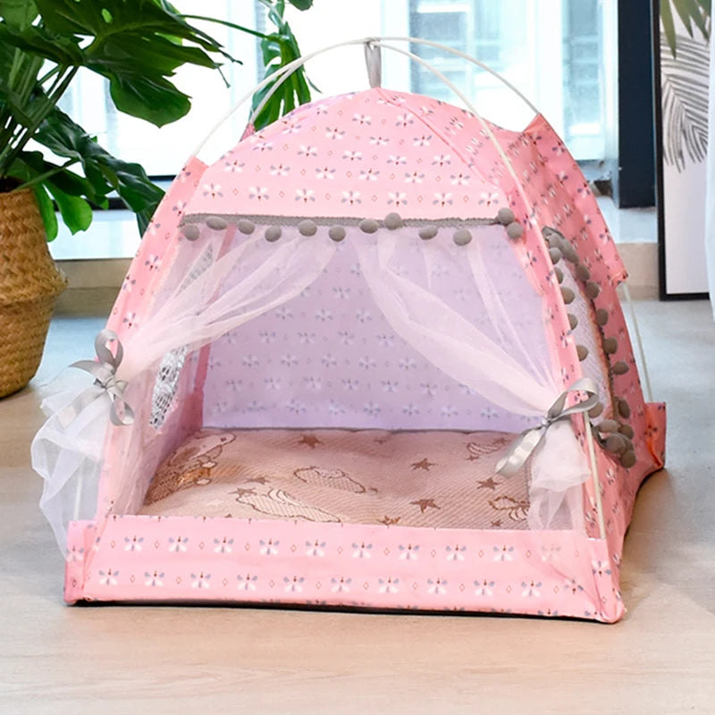 Pink pet tent with canopy on a light wooden floor