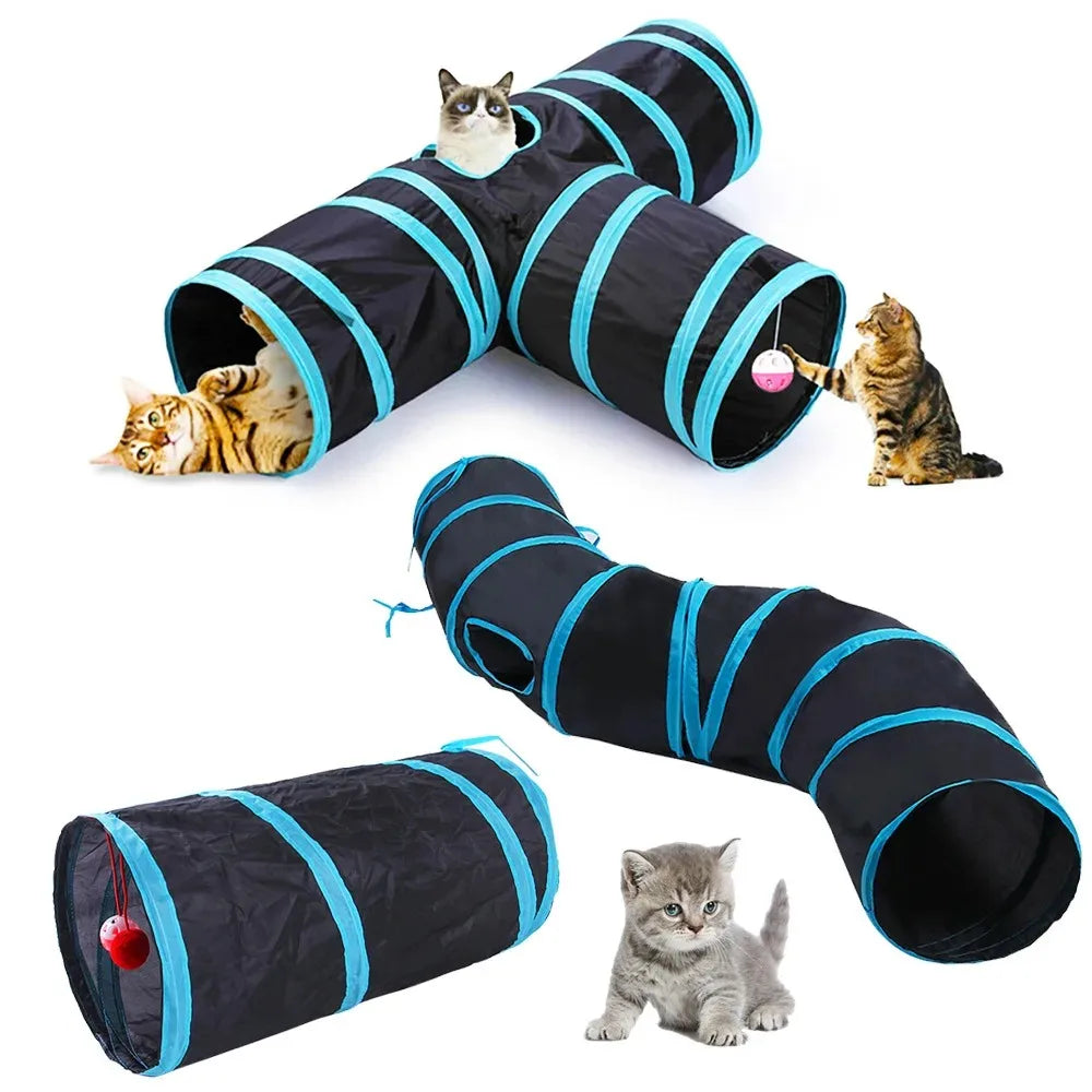 Cat play tunnel with multiple tunnels and toys on a white background