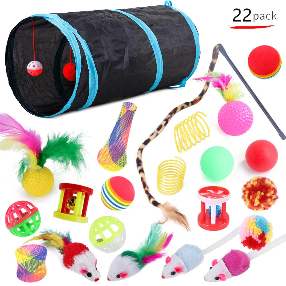 Assorted cat toys including a tunnel, balls, and play mice with a 22-pack label.