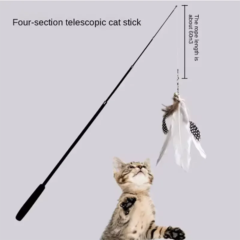 Four-section telescopic cat stick with feather attachment and a cat looking at it on a gray background.