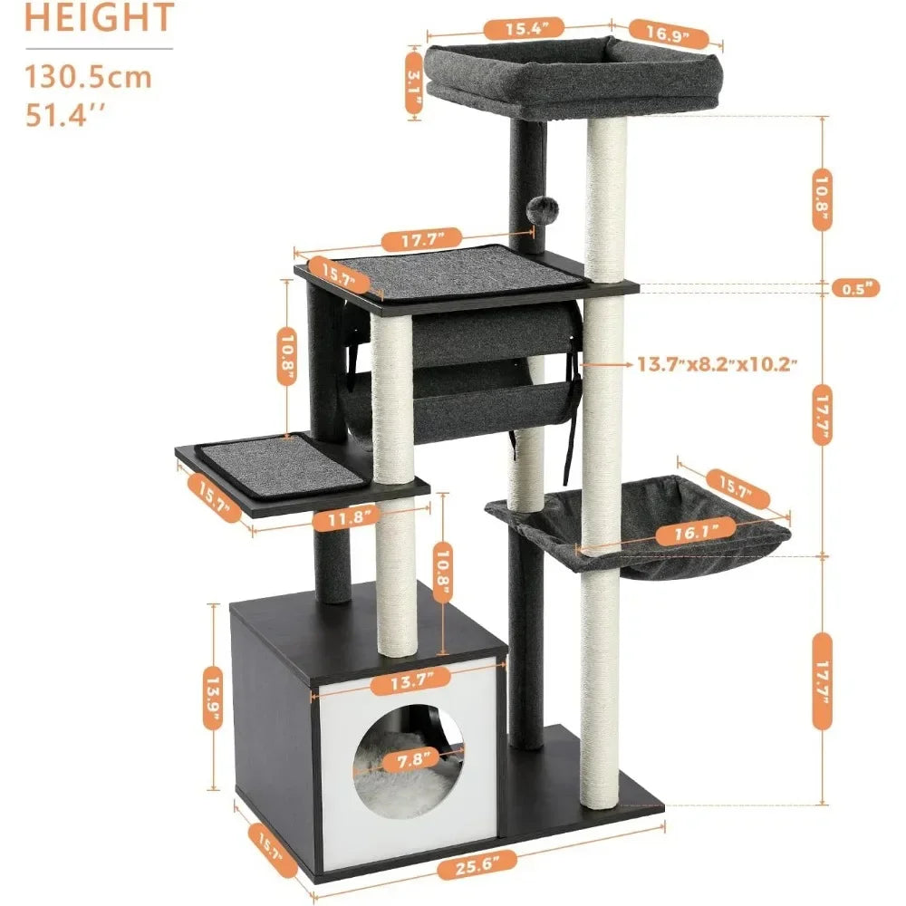 Cat tree with dimensions labeled on a white background