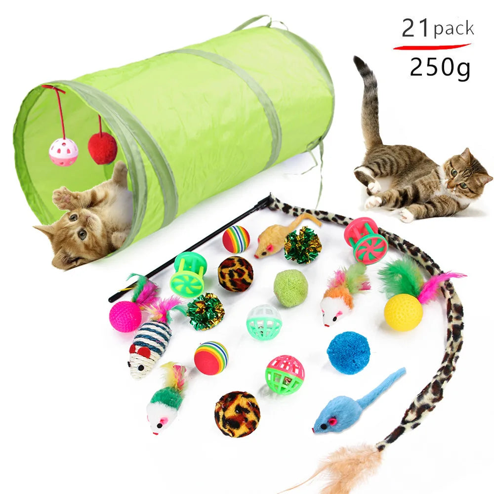 Cat toy set with green tunnel, colorful balls, and play mice on a white background
