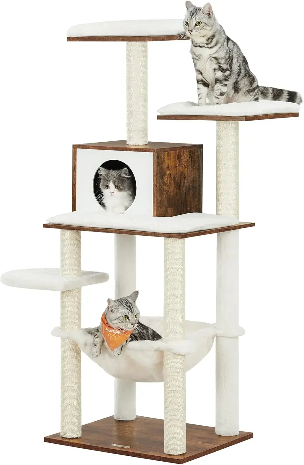 Cat tree with multiple levels, shelves, and a hammock with cats on a white background