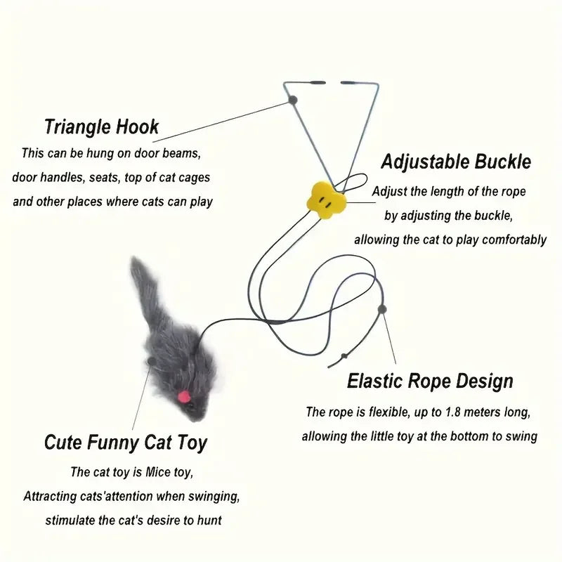 Diagram of a cat toy with triangle hook, adjustable buckle, and elastic rope design on a white background.