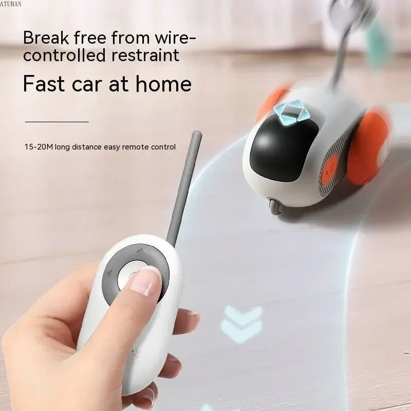 Hand holding a remote control with text about wireless toy car control at home.