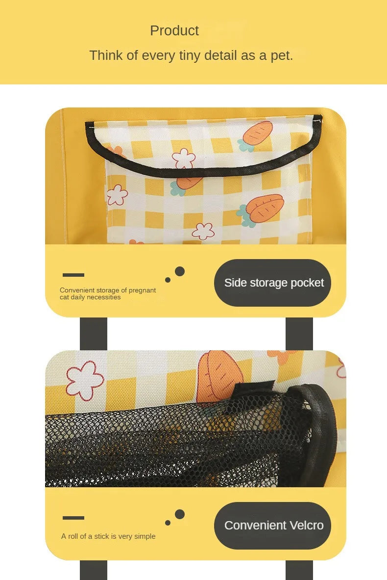 Yellow product with side storage pocket and Velcro feature on a yellow background