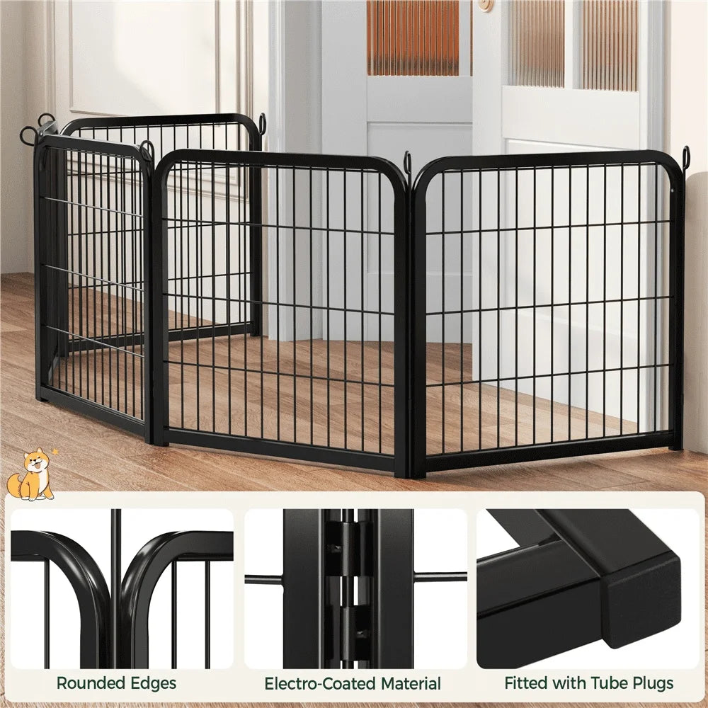Black metal pet gate with rounded edges and electro-coated material on a wooden floor.