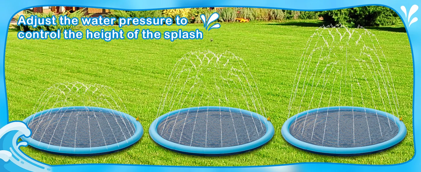 Three blue sprinkler pads on grass with water spraying, text on water pressure adjustment.