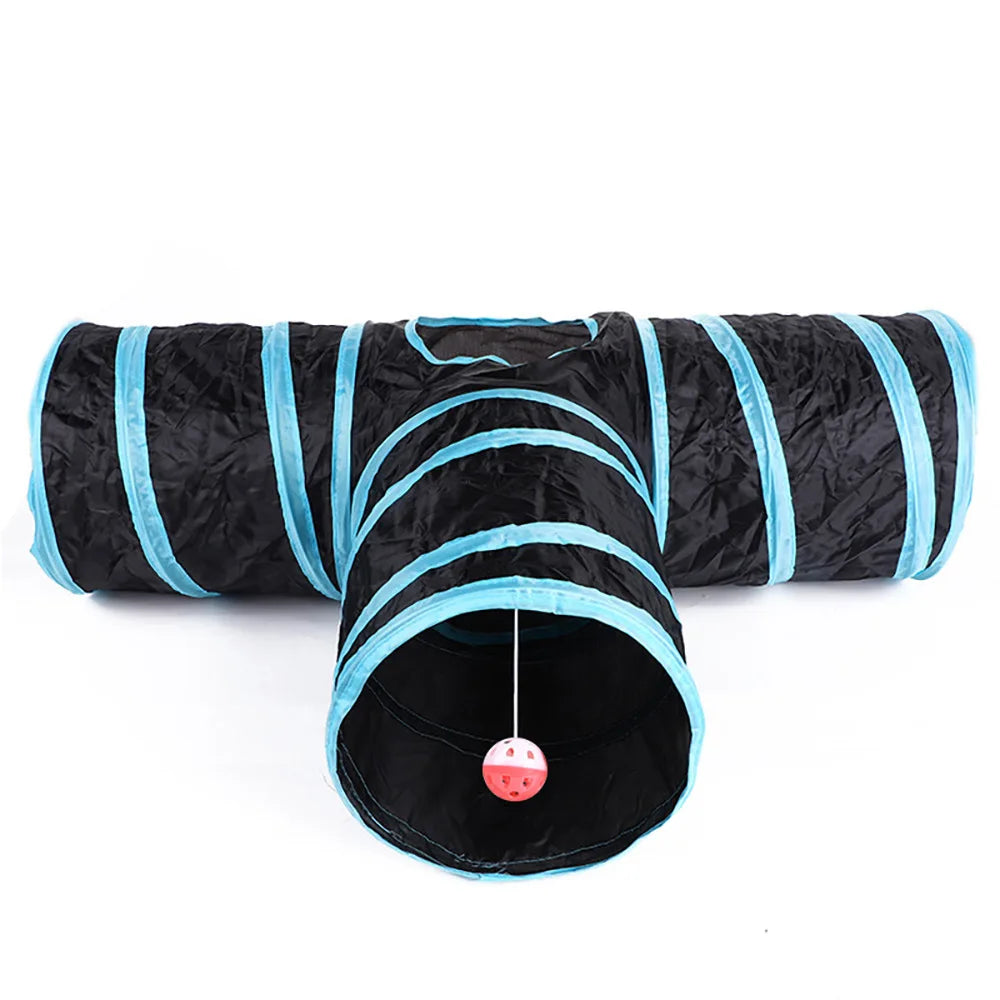 Pet toy tunnel with black and blue stripes on a white background