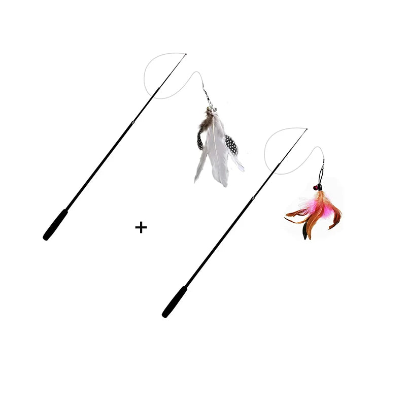 Two cat toys on sticks with feathers attached on a white background