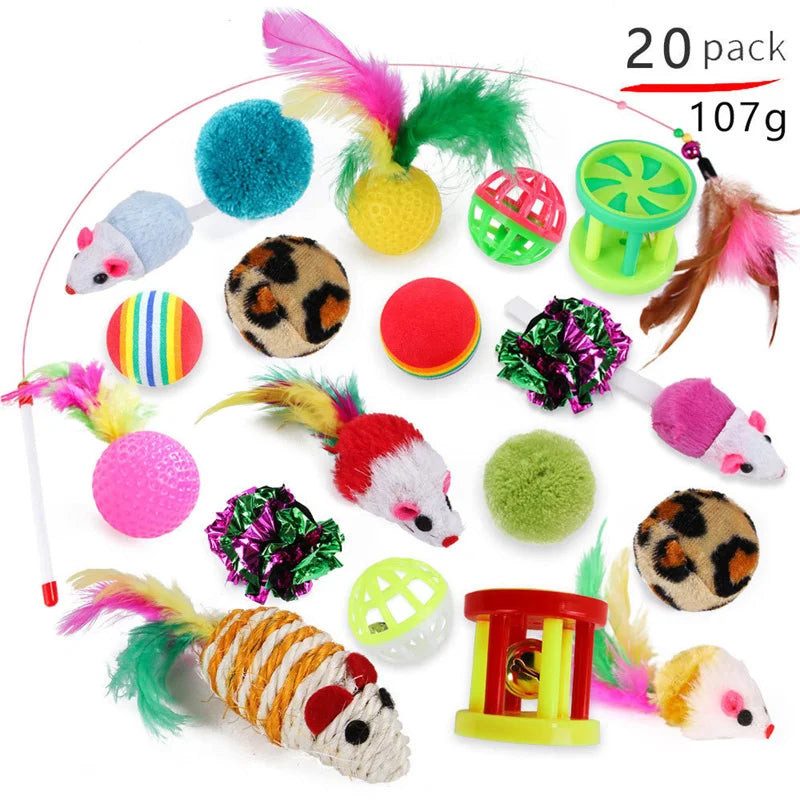 Assorted cat toys including balls, mice, and feathers on a white background