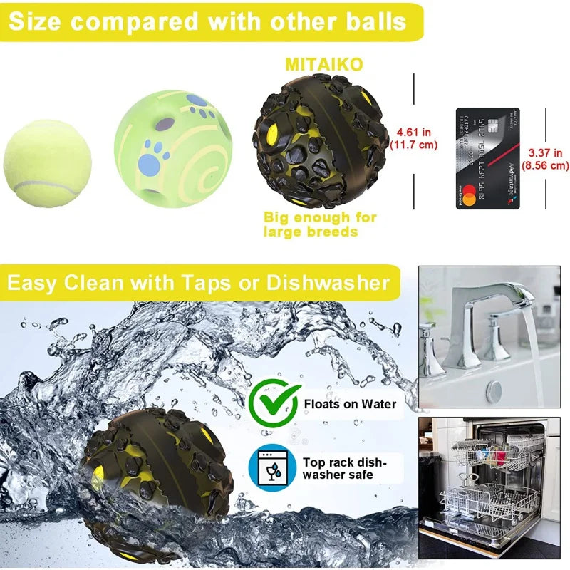 Comparison of a dog toy ball with tennis ball, wobble giggle ball, and credit card, showing its size and features.