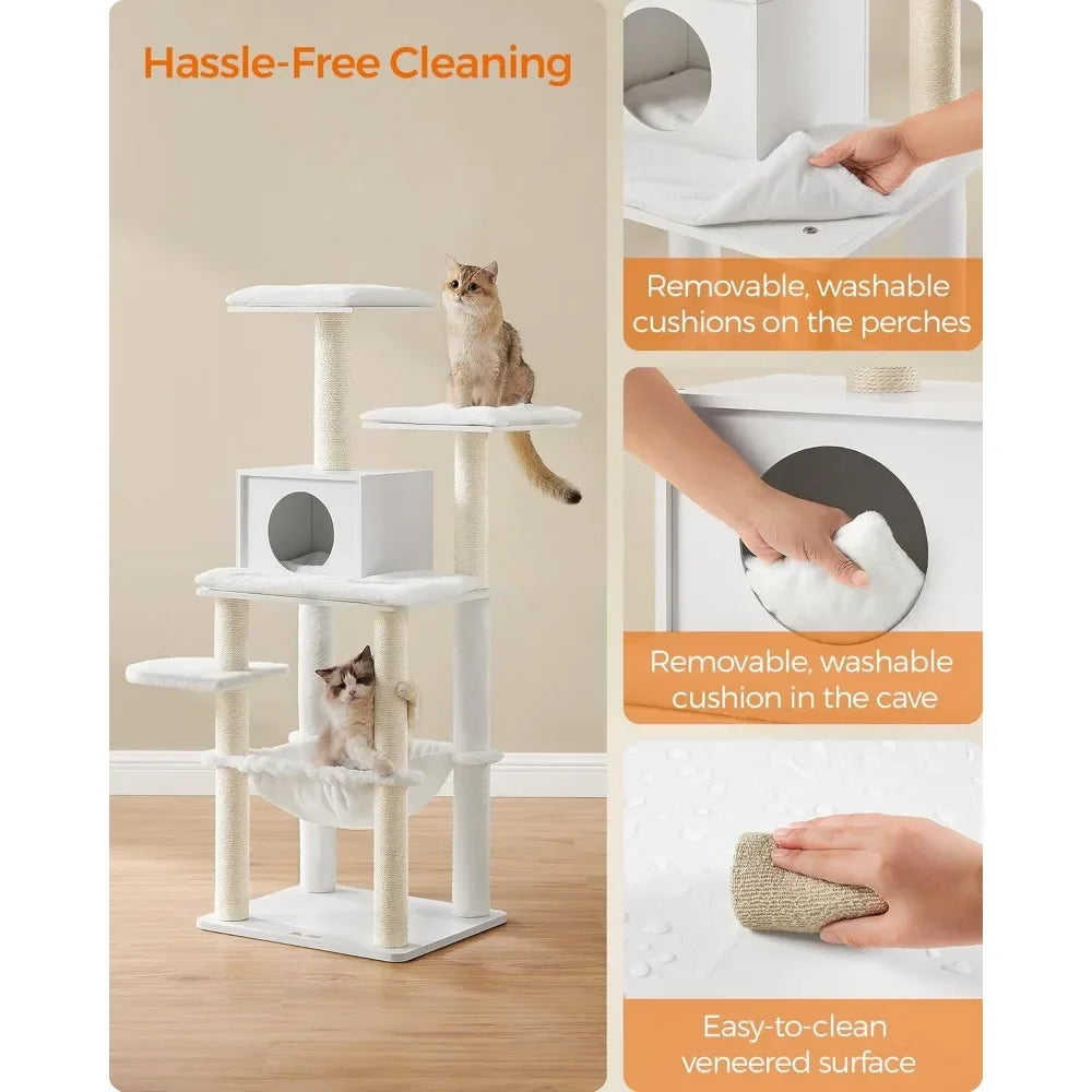 Cat tree with removable, washable cushions on perches and in cave, shown with text highlighting features.