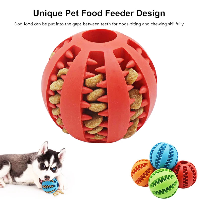 Red pet food feeder ball with dog food inside, surrounded by other colorful balls, and a dog looking at one of them.