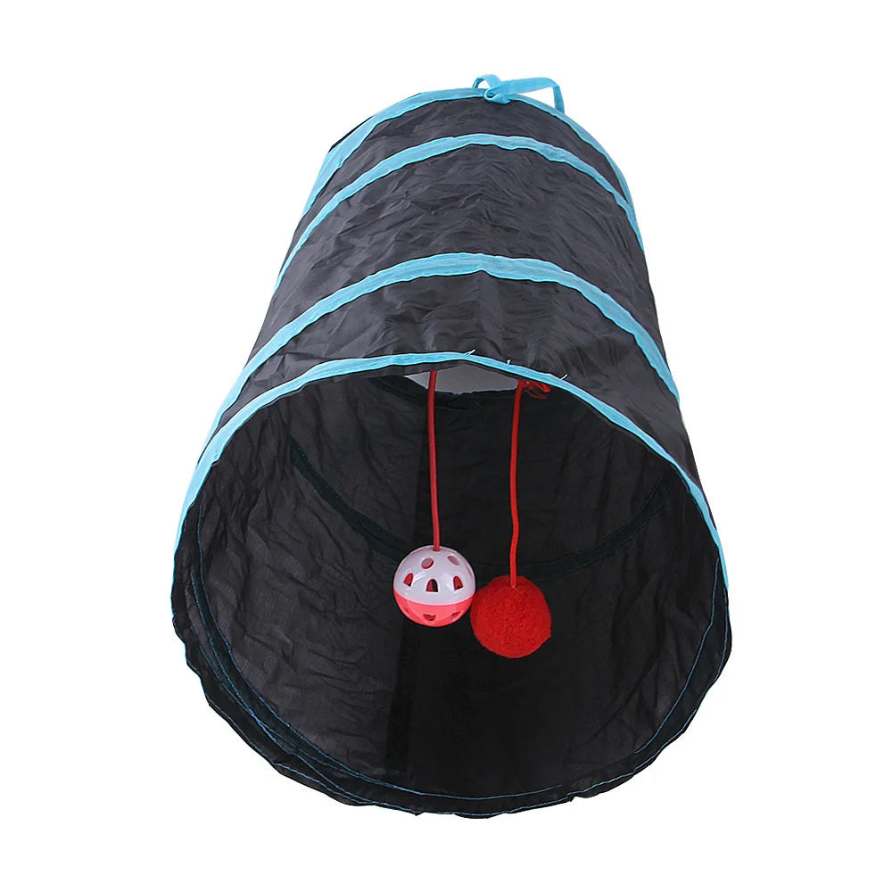 Black pet play tunnel with red and pink balls on a white background